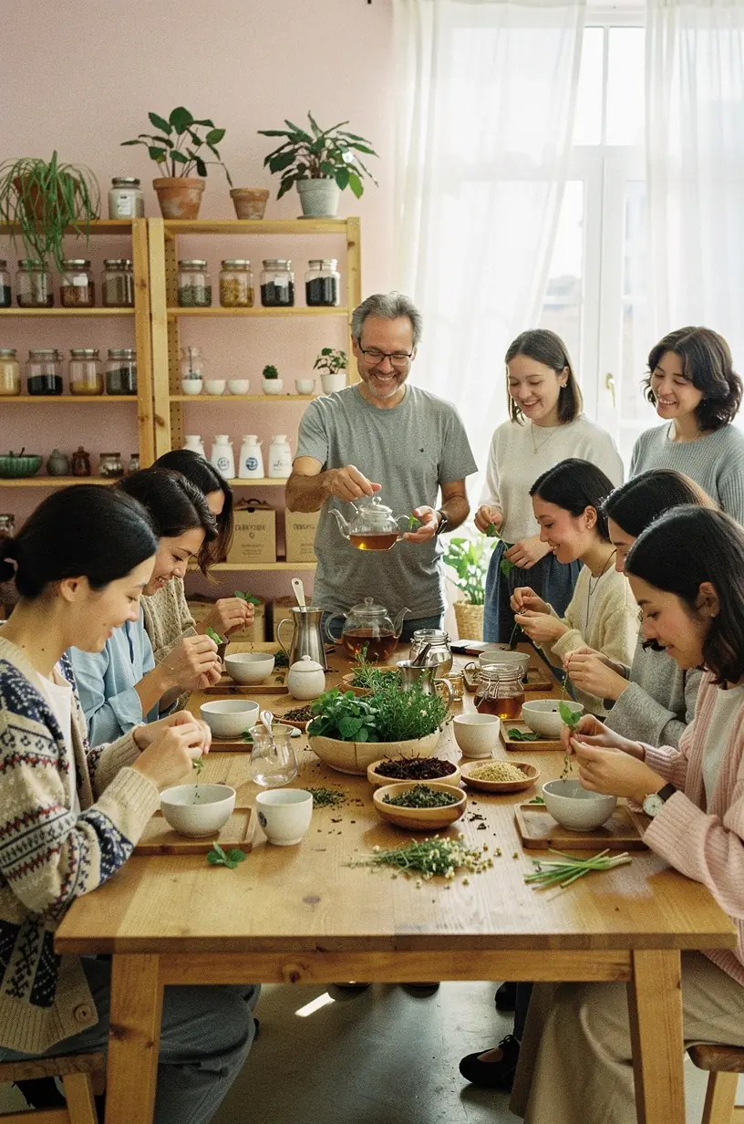 Šiltos žolelių arbatos puodelis ant medinio stalo, simbolizuojantis ramybės ir sveikatos pojūtį. Šviežių žolelių lapų kompozicija, pabrėžianti natūralų arbatos tonizuojantį poveikį. Moteris ramiai gerdama žolelių arbatą, perteikianti kasdienio komforto svarbą. Arbatos paruošimo procesas su garuojančiu vandeniu ir džiovintomis žolelėmis, iliustruojantis švelnų tonizavimą. Informacinė iliustracija, rodanti žolelių arbatos naudą sveikatai ir jos veikimo mechanizmus.
