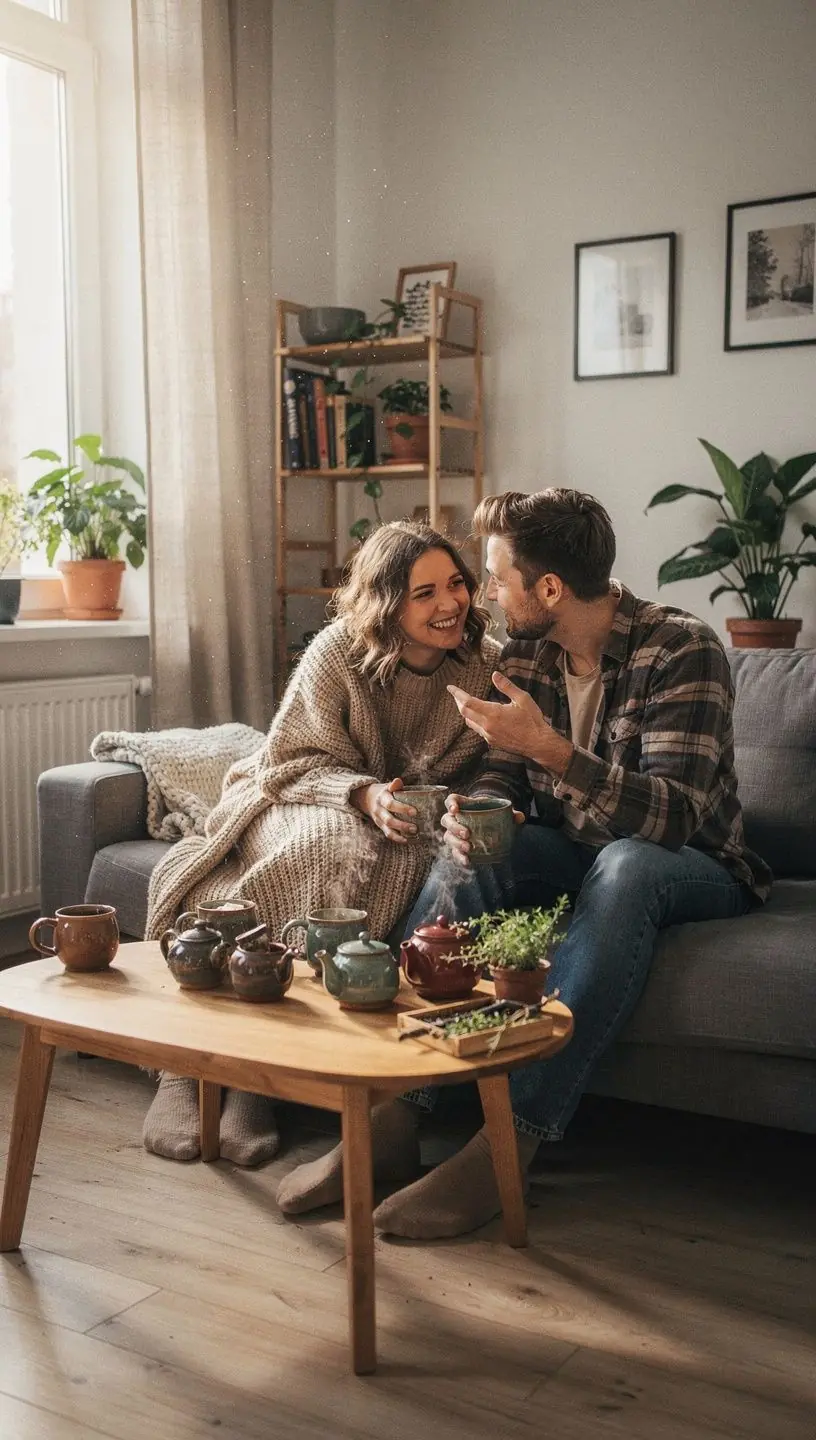 Šiltos žolelių arbatos puodelis ant medinio stalo, simbolizuojantis ramybės ir sveikatos pojūtį. Šviežių žolelių lapų kompozicija, pabrėžianti natūralų arbatos tonizuojantį poveikį. Moteris ramiai gerdama žolelių arbatą, perteikianti kasdienio komforto svarbą. Arbatos paruošimo procesas su garuojančiu vandeniu ir džiovintomis žolelėmis, iliustruojantis švelnų tonizavimą. Informacinė iliustracija, rodanti žolelių arbatos naudą sveikatai ir jos veikimo mechanizmus.