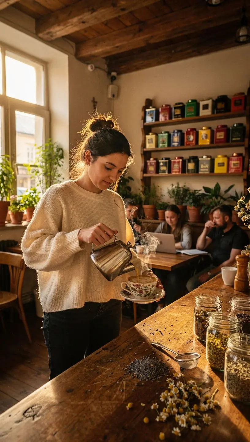 Šiltos žolelių arbatos puodelis ant medinio stalo, simbolizuojantis švelnų tonizuojantį poveikį kasdieniam komfortui ir sveikatai.