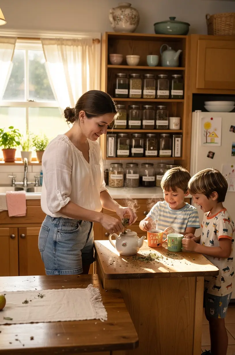 Šiltos žolelių arbatos puodelis ant medinio stalo, simbolizuojantis ramybės ir sveikatos pojūtį. Šviežių žolelių lapų kompozicija, pabrėžianti natūralų arbatos tonizuojantį poveikį. Moteris ramiai gerdama žolelių arbatą, perteikianti kasdienio komforto svarbą. Arbatos paruošimo procesas su garuojančiu vandeniu ir džiovintomis žolelėmis, iliustruojantis švelnų tonizavimą. Informacinė iliustracija, rodanti žolelių arbatos naudą sveikatai ir jos veikimo mechanizmus.